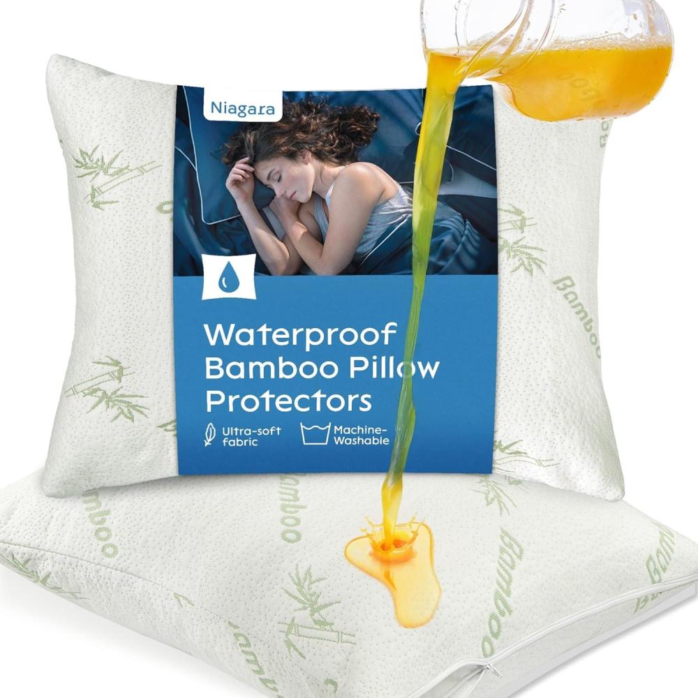 image:image100 Waterproof Pillow Protectors Queen 20x30 Pair Zippered Pillow Case Pillow Cover Guaranteed Noiseless Pad Ultra Plush Absorbent Viscose Made from Bamboo Green 2 PackGreen