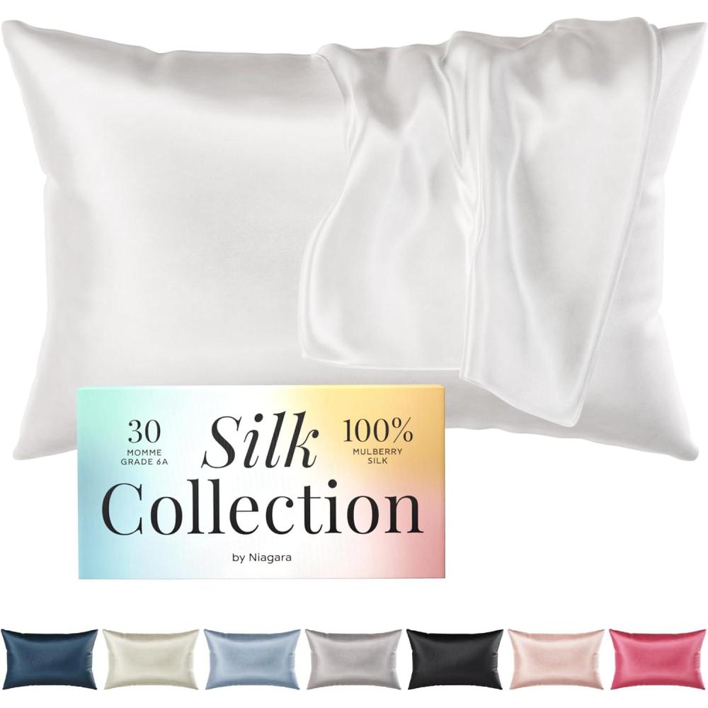image:imageNiagara 100 Mulberry Silk Pillowcase 30 Momme Silk Pillow case for Hair and Skin Grade 6A Pillow Cases with Zipper Soft amp Cooling White Pillowcase Queen Size 20x30