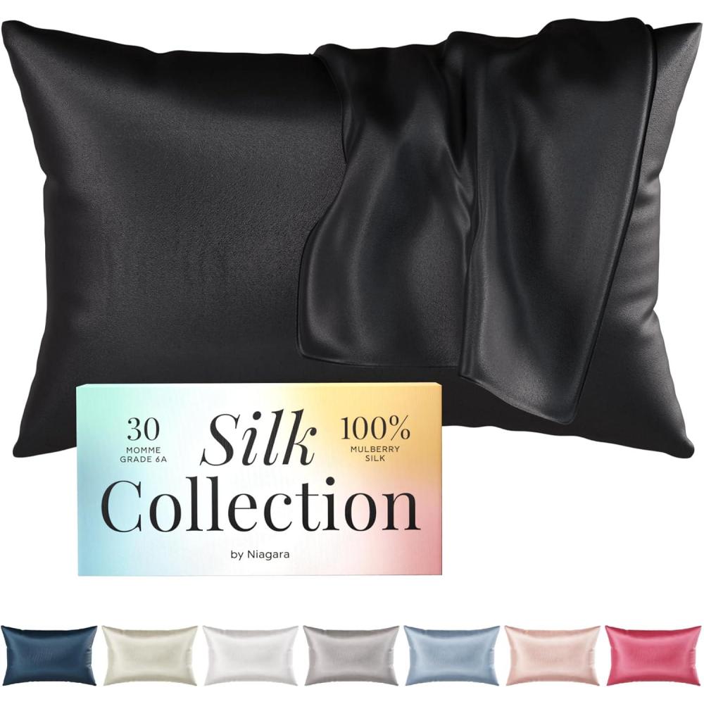 image:imageNiagara 100 Mulberry Silk Pillowcase 30 Momme Silk Pillow case for Hair and Skin Grade 6A Silk Pillow Cases with Zipper Soft amp Cooling Black Silk Pillowcase Queen Size 20x30
