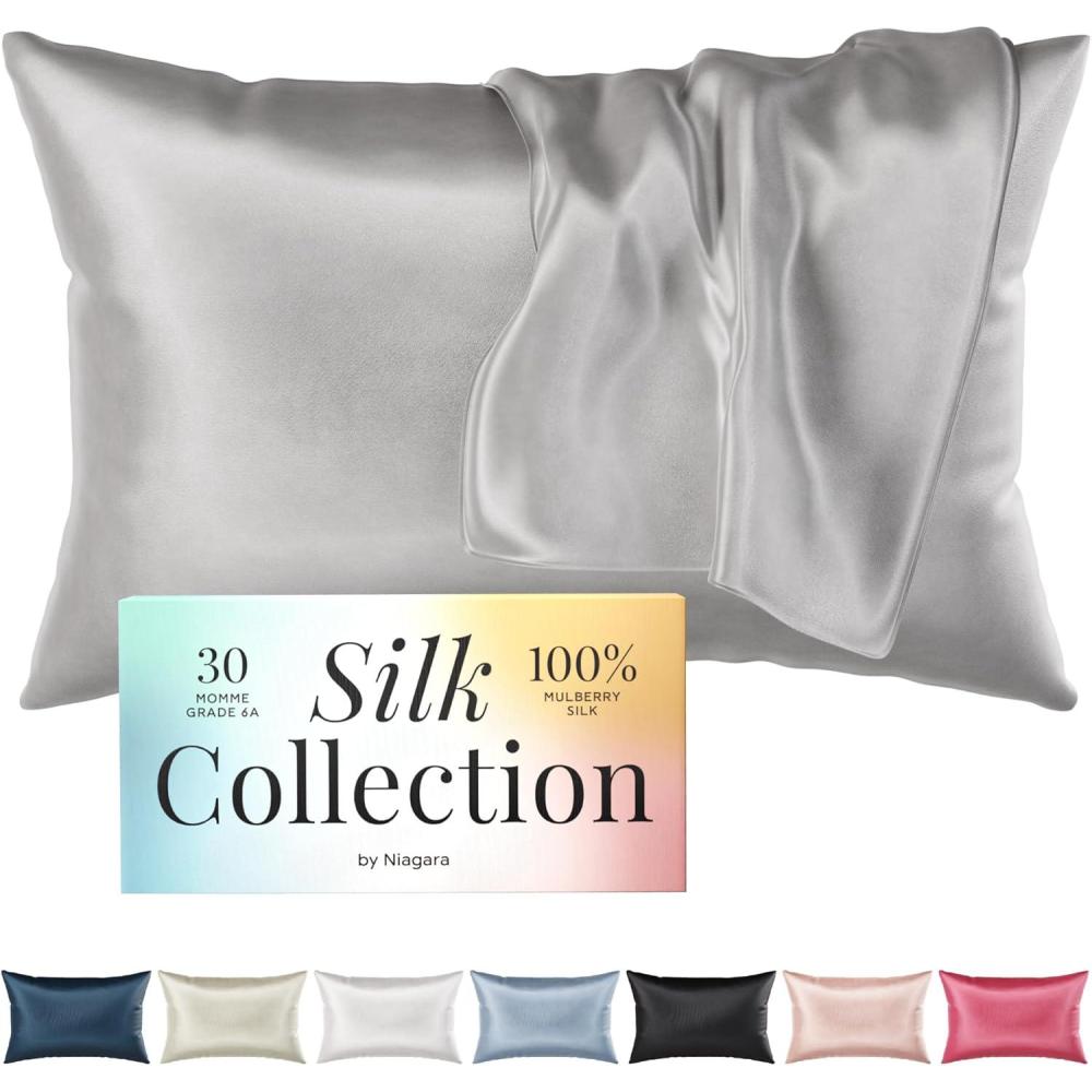 image:imageNiagara 100 Mulberry Silk Pillowcase  30 Momme Silk Pillow case for Hair and Skin  Grade 6A Silk Pillow Cases with Zipper  Soft amp Cooling Grey Silk Pillowcase Queen Size 20x30