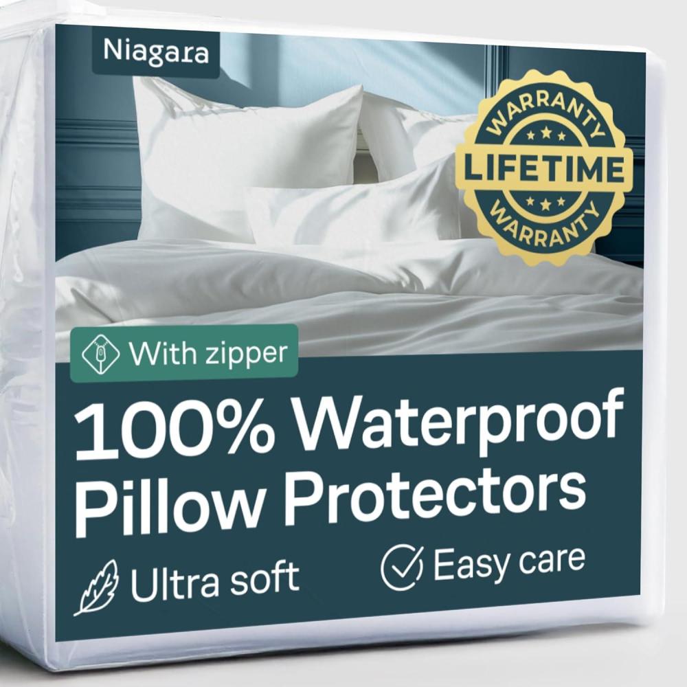 image:imageNiagara 4 Pack Waterproof Pillow Protectors King 20x36 Inches Smooth Zipper Premium Encasement Covers Quiet Cases Set WhiteQueen