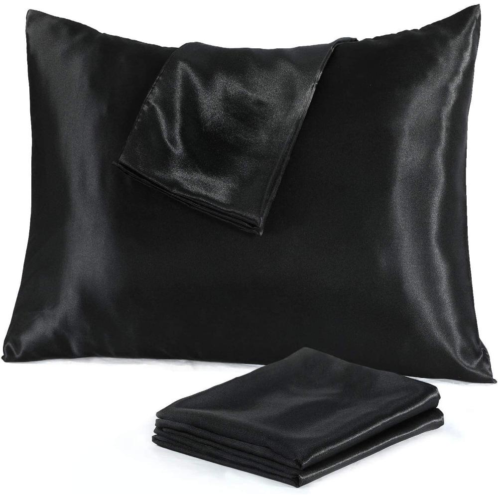 image:imageNiagara Black Satin Standard Pillow Cases Protectors 4 Pack with Zip Luxury 20x26inches 100 Satin Hair and Skin Care Zippered Pillow Covers UltraSoft