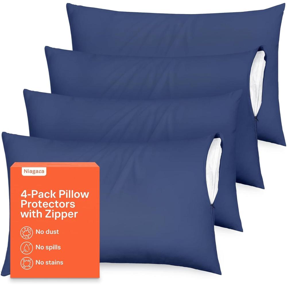 image:imageUltra Soft Pillow Protectors with Zipper King Size  Set of 4 Breathable Pillow Covers  100 Protection Against Stains Dust amp Dirt  Machine Washable WhiteNavy Blue