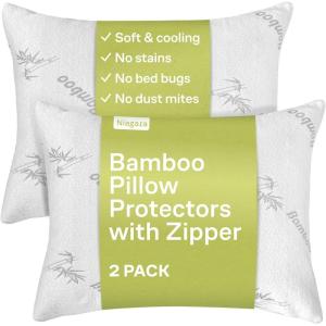 Cloud-Like Pillow Protectors with Zipper Standard Size – Breathable Cooling Pillow Covers for Hot Sleeprers – 100% Resistant to Stains, Dust & Dirt (Green 2-Pack)(White)