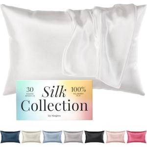 Niagara 100% Mulberry Silk Pillowcase – 30 Momme Silk Pillow case for Hair and Skin – Grade 6A Pillow Cases with Zipper – Soft & Cooling White Pillowcase Queen Size (20″x30″)