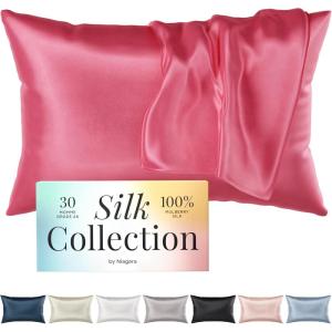 Niagara 100% Mulberry Silk Pillowcase – 30 Momme Silk Pillow case for Hair and Skin – Grade 6A Silk Pillow Cases with Zipper – Soft & Cooling Bright Pink Silk Pillowcase Queen Size (20″x30″)