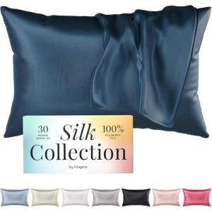 Niagara 100% Mulberry Silk Pillowcase – 30 Momme Silk Pillow case for Hair and Skin – Grade 6A Silk Pillow Cases with Zipper – Soft & Cooling Navy Blue Silk Pillowcase Queen Size (20″x30″)